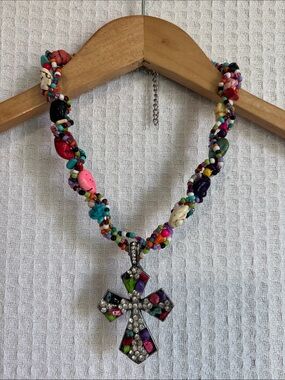 Multicolor Beaded Necklace with Rhinestone Cross Pendant